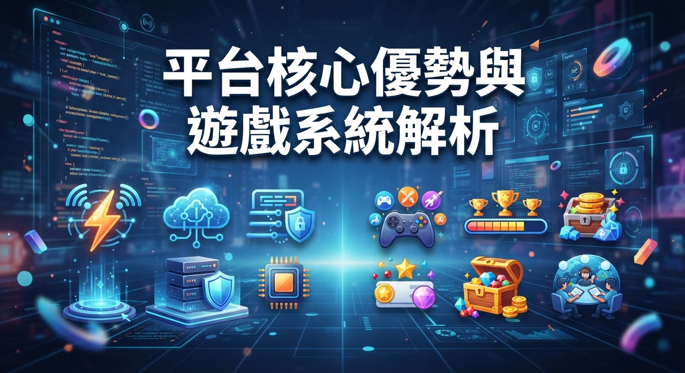 這張圖片以科技感十足的藍色為主調，展示了平台的核心優勢與遊戲系統解析。 畫面中融合了伺服器、數據圖表以及各種遊戲獎勵圖標，突顯出強大的技術架構與豐富的遊戲體驗。